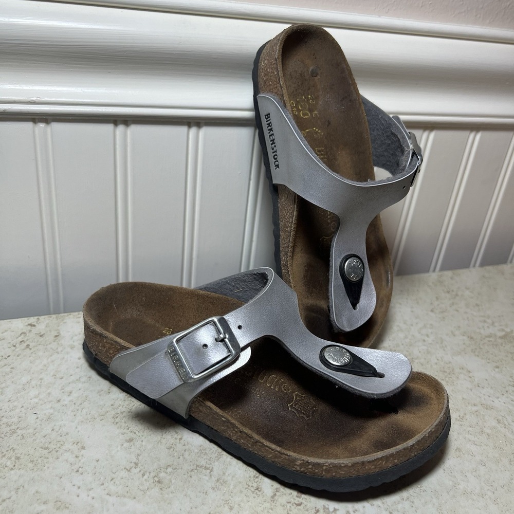 Birkenstock Gizeh Kids Silver Metallic Thong Sandals Comfort Footbed US 11Y EU28